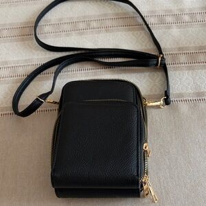 Alba Black Crossbody Phone Bag with Gold Hardware